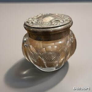Heisey Glass Powder Trinket Jar Silver-plated Floral Lid